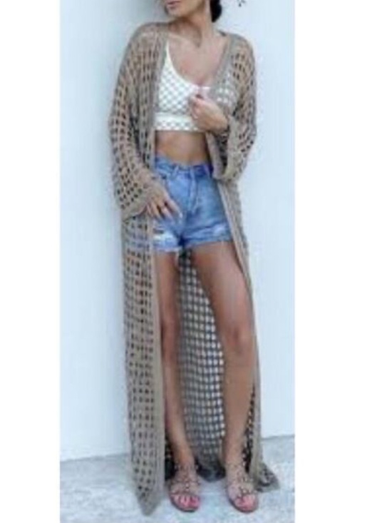 Primi Sweaters - Primi Extra Long Taupe Open-Knit Crochet Duster Cardigan. Size Large.